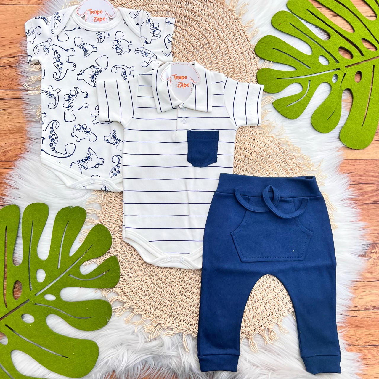 Conj. de Malha 3 peças - Dinos - Marinho e Off White